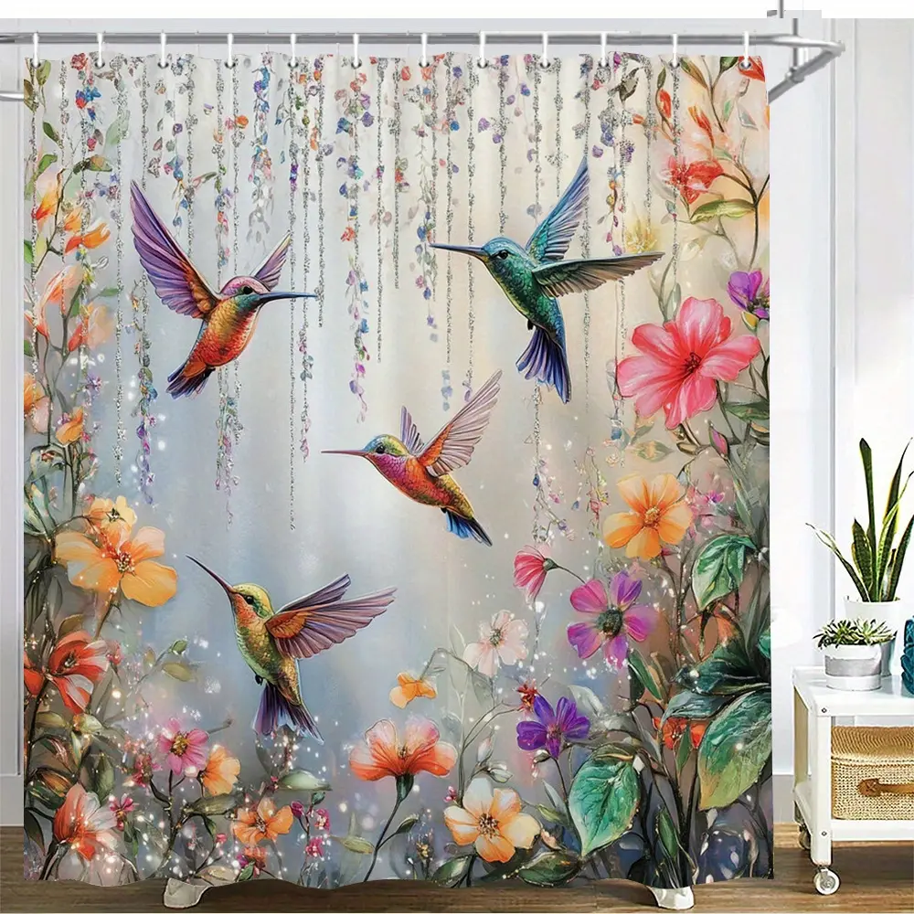 1 Piece, Whimsical Hummingbird and Floral Decorative Shower Curtain - Vibrant Rainbow Pink, Orange, Purple Flowers for Nature Lovers Bathroom Decor, Home and Garden, Bathroom Shower Curtain (Contains 12 Hooks, Excludes Shower Curtain Rod)