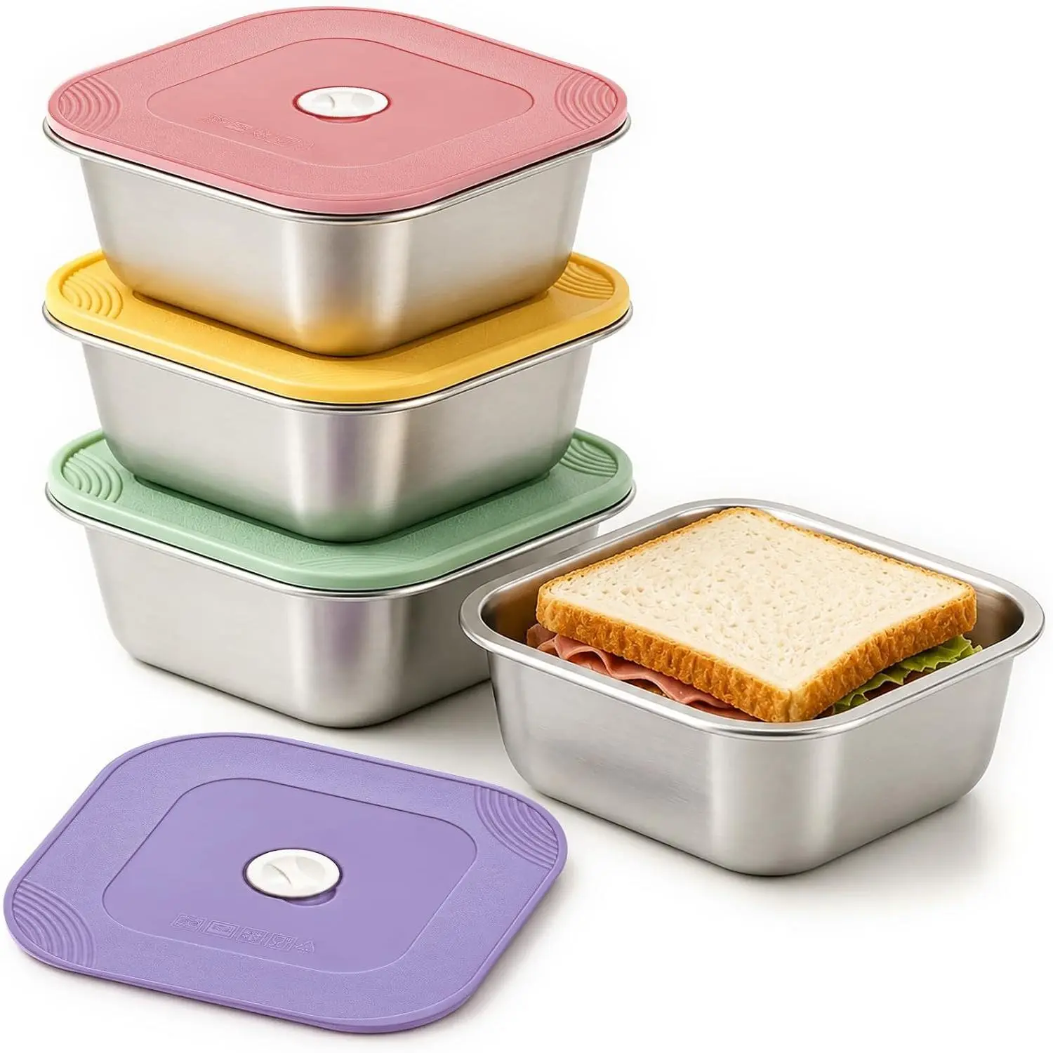 Sandwich Containers 4 Pack, Stainless Steel Snack Containers with Colorful Vented , 20 Oz Metal Lunch Containers for Work, Picnic, Fridge Storage