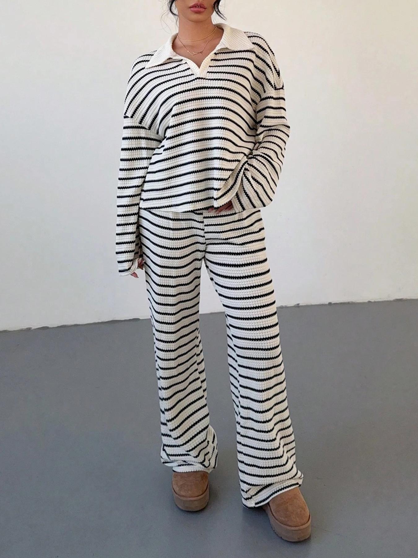 2-piece women's loose striped V-neck dropped shoulder long-sleeved T-shirt and elastic waist striped pants autumn and winter knitted suit