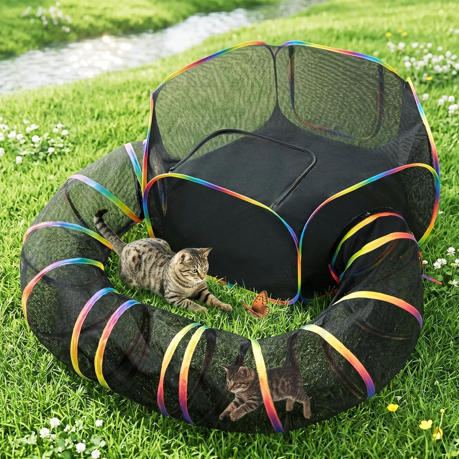 Outdoor Cat Enclosures Rainbow, Foldable Catio Outdoor Cat Enclosure Playground Include Portable Tent, Circle Kitten Playpen Tunnel, Outside House for Indoor Kitty and Small Animals