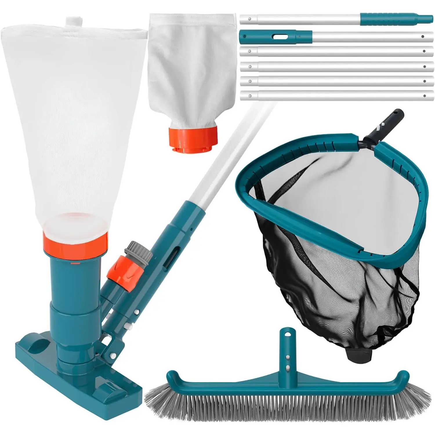 Above Ground Pool Cleaning Kit Complete Set with Garden Hose Vacuum, Aluminum Frame Leaf Rake, Wall Brush and 8ft Pole for Easy Removal of Leaves and Debris, Durable Pool Maintenance Tools