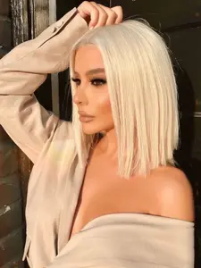 Platinum Blonde Short Bob Synthetic Lace Front Wig for Women Short Straight Lace Front Synthetic Wig 13x4 HD Lace Front Wig with Baby Hair  Blonde Short Glueless Synthetic Wig Heat Resistant Fibre Wig for Daily Wear Party Use