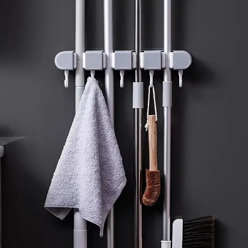 Wall Mounted Mop and Broom Holder, 1/2pcs No Drill Adhesive Storage Hook, Plastic with Flexible Silicone Clips, Space Saver