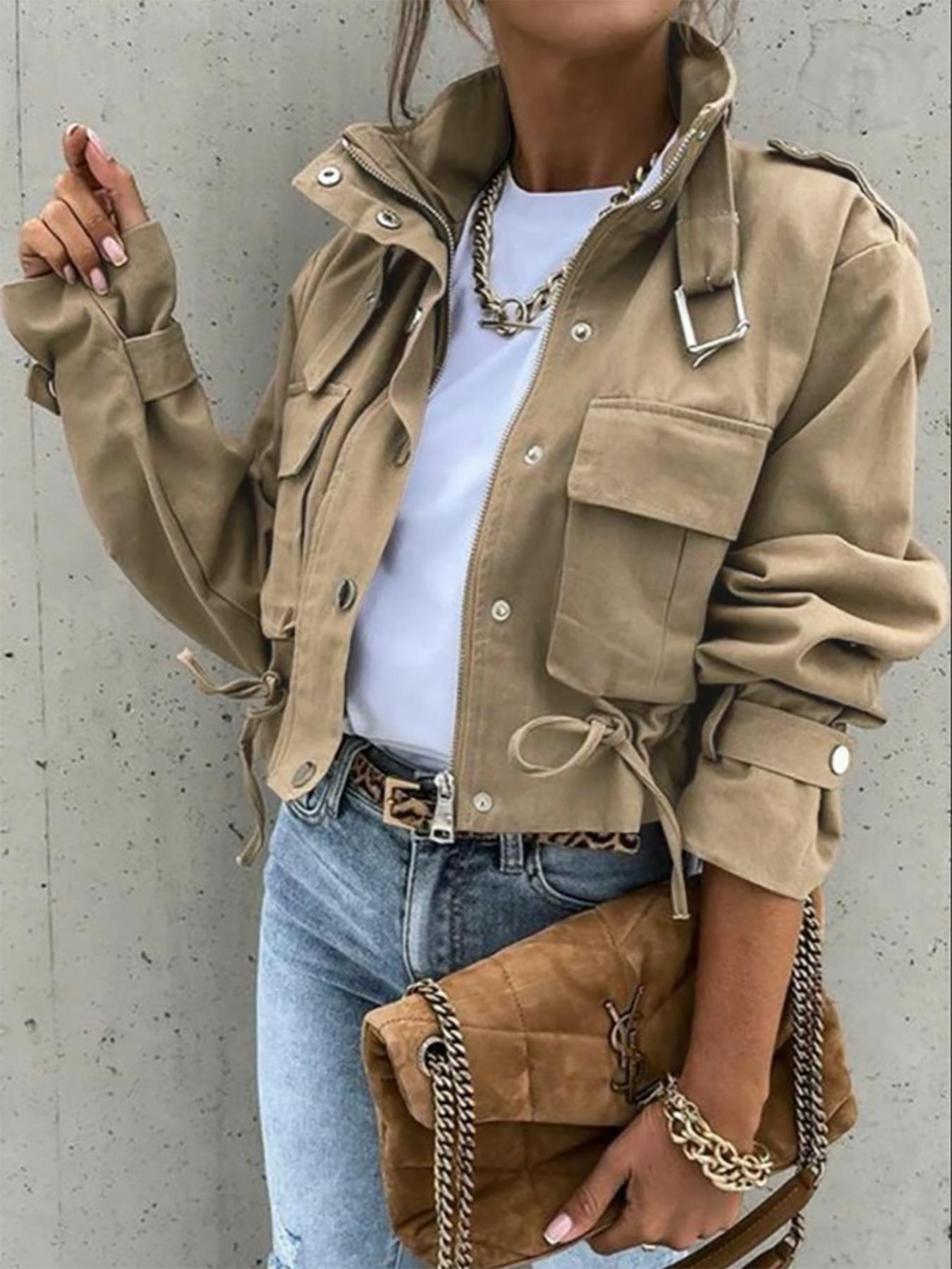 Women's Fall Casual Fitted Biker Jacket, Short Woven Coat with Pockets & Zipper, Long Sleeve Outerwear for Autumn Fashion