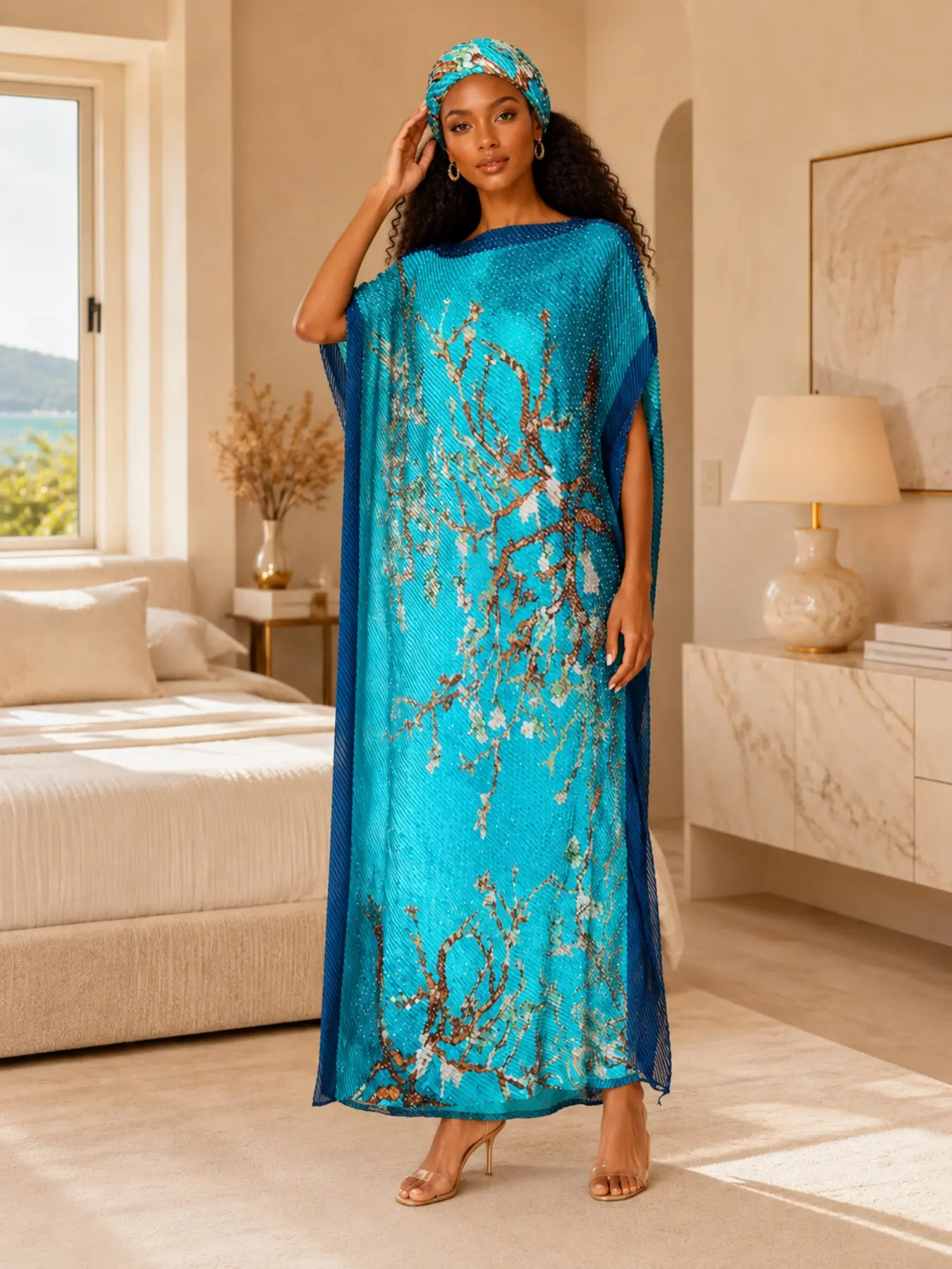 Plus Size Women 2 Piece Pleated Satin Caftan Robe Set, Turquoise Blue Plum Blossom Branch Print Hotfix Rhinestone Embellished Loose Batwing Sleeve Maxi Dress with Matching Head Scarf, Curvy Elegant Loungewear for Home Beach Vacation