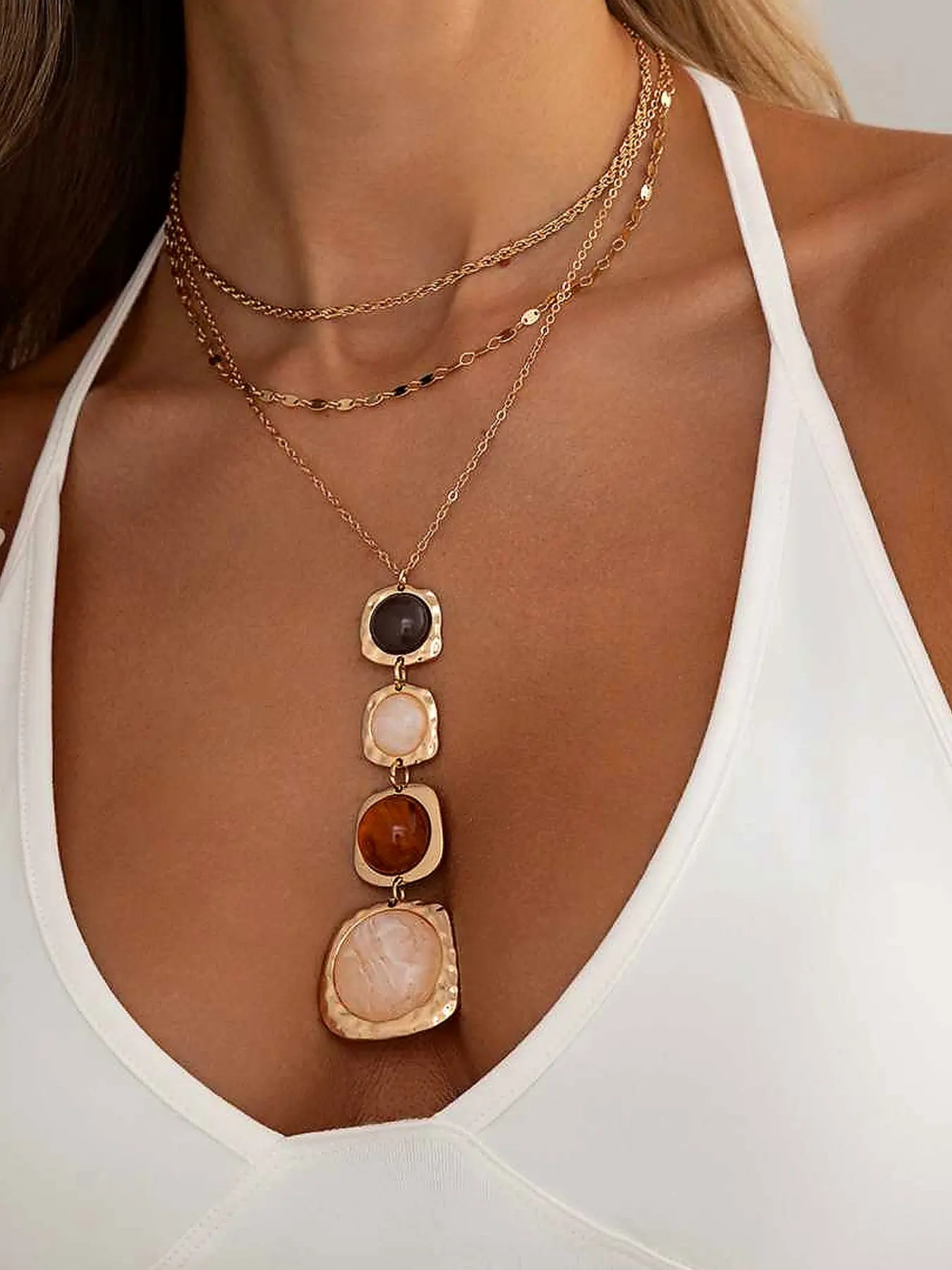 Vintage Geometric Gemstone Bell Pendant Necklace, Retro Multi-Layer Chain Jewelry, Elegant Boho Style Accessory for Women
