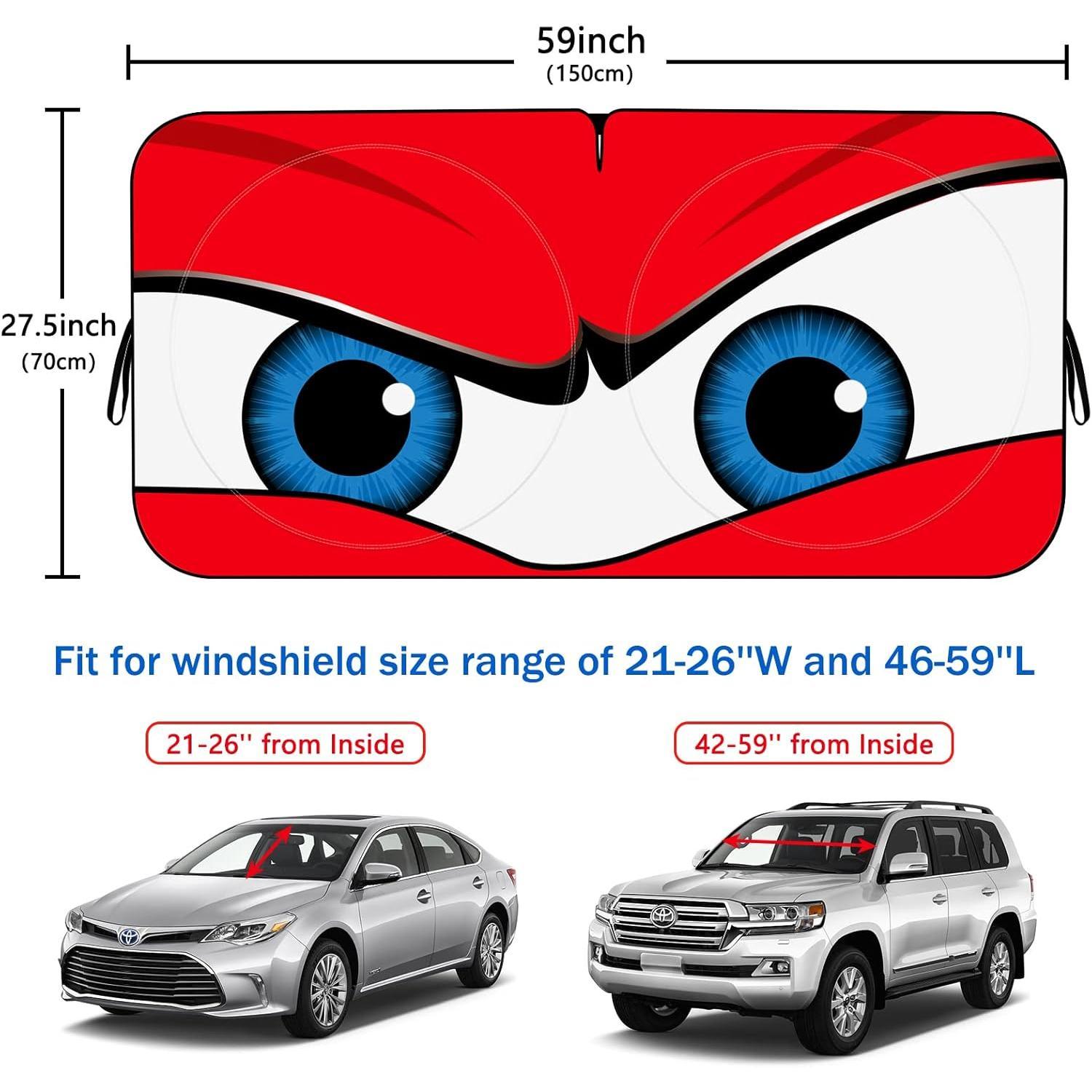 Windshield Sun Shade, Funny  Eyes Sun Visor - Wear-Resistant Black Tape, Foldable 59'x27.5'/63''x31.5''
