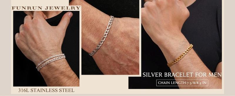 FUNRUN 5Pcs Stainless Steel Permanent Bracelets for Men Women Golden Silver Cuban Link Rope Figaro Karol Chain Bracelet Set 7.5/8/8.5Inch Trendy Stack Bangle Hypoallergenic Jewelry