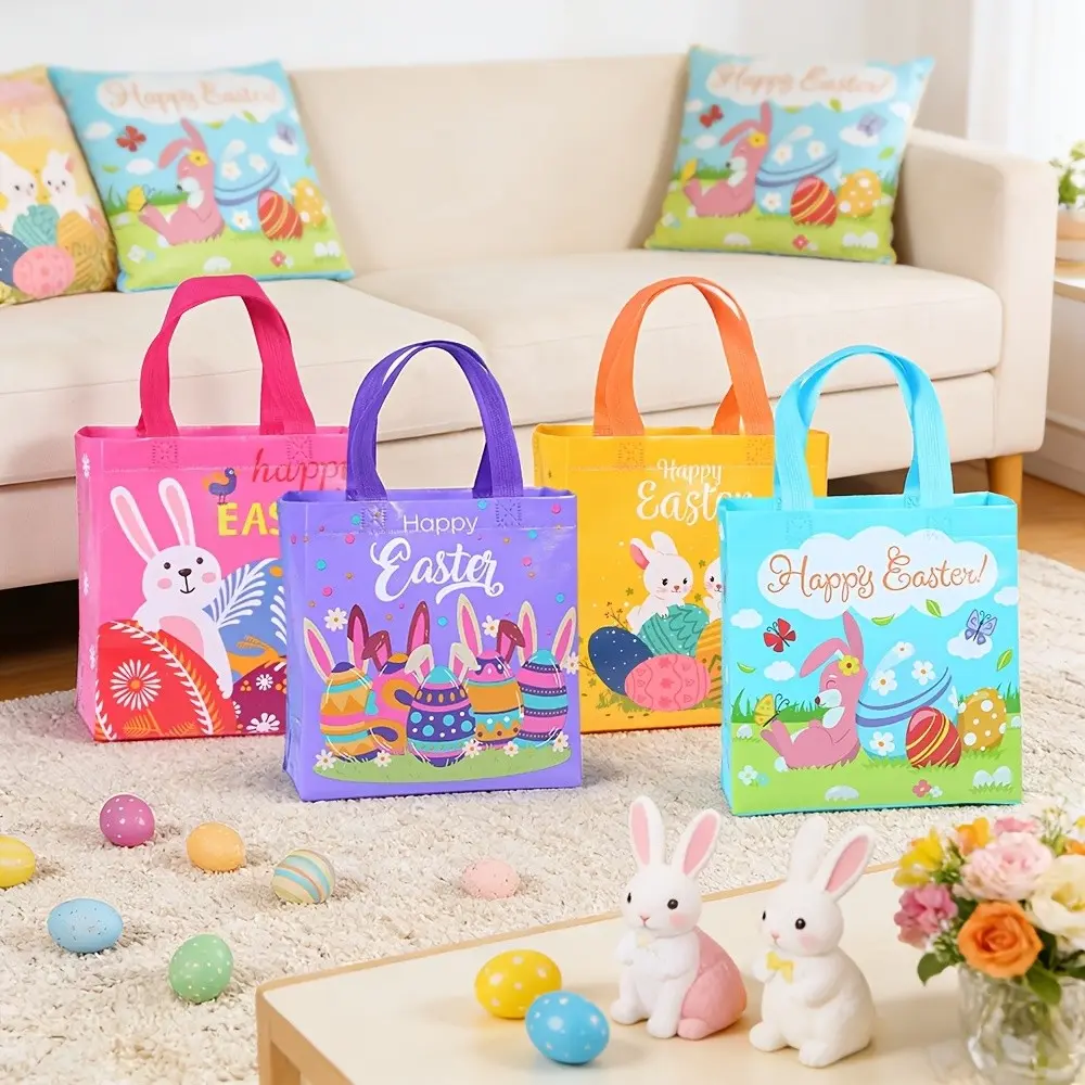 Easter Gift Tote Bags, 12pcs/24pcs Reusable Non-Woven Pouches, Easter Egg Hunt Party Gifts, Rabbit Carrot Egg Flower Butterfly Design