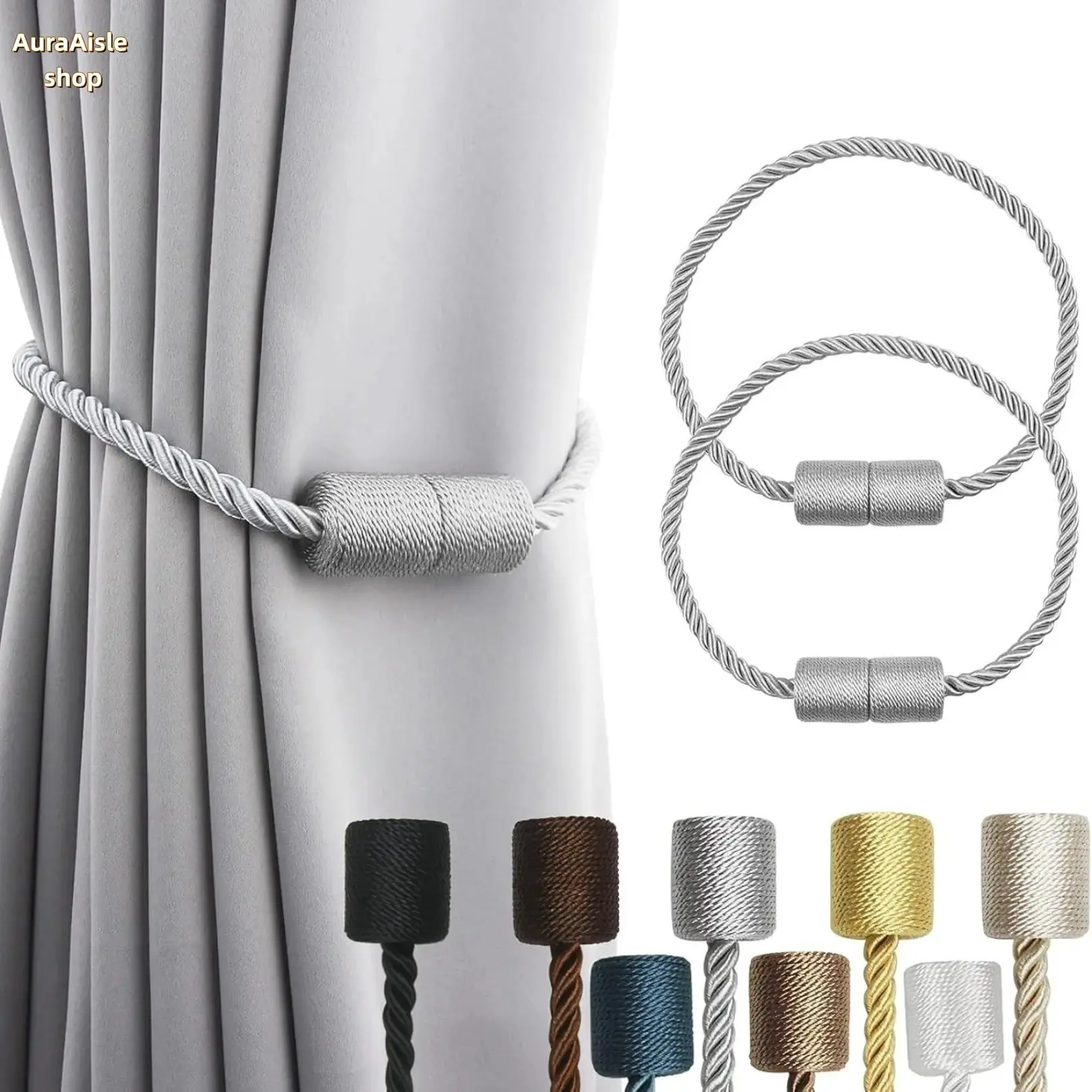 2-Pack Decorative Set Magnetic Curtain Tiebacks, Drill-Free Fix Twisted Rope Plain Weave Drapery Holdbacks, Strong Magnet Wall-Safe Reusable Window Fasteners for Living Room Bedroom