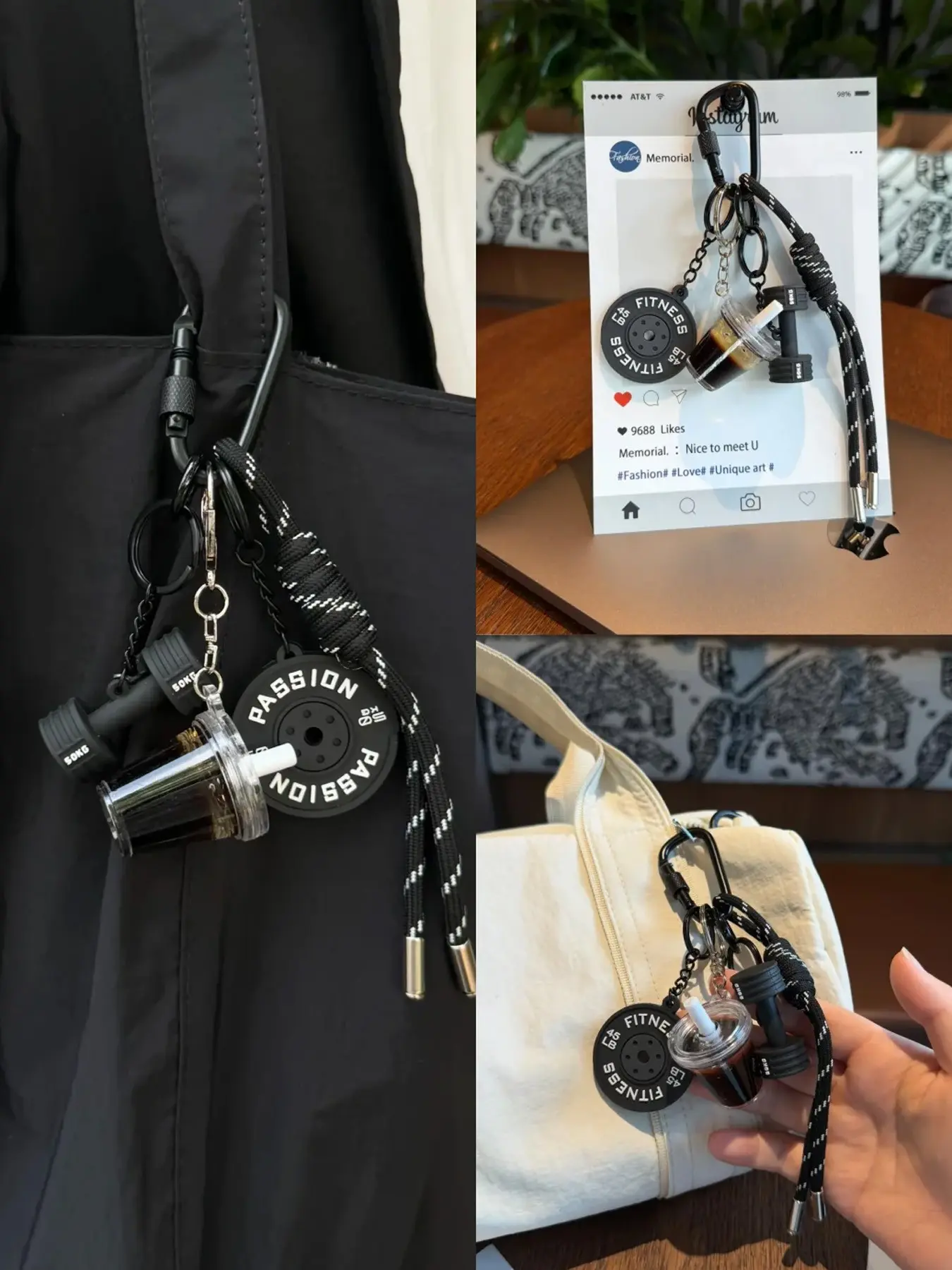 Matching Couple Gym Keychain, Dual Red & Black Silicone Fitness Coffee Charm, Keychain Charms. Features mini gym gear & iced coffee pendants with braided cord lockable carabiner, trendy sporty backpack ornament for workout pairs