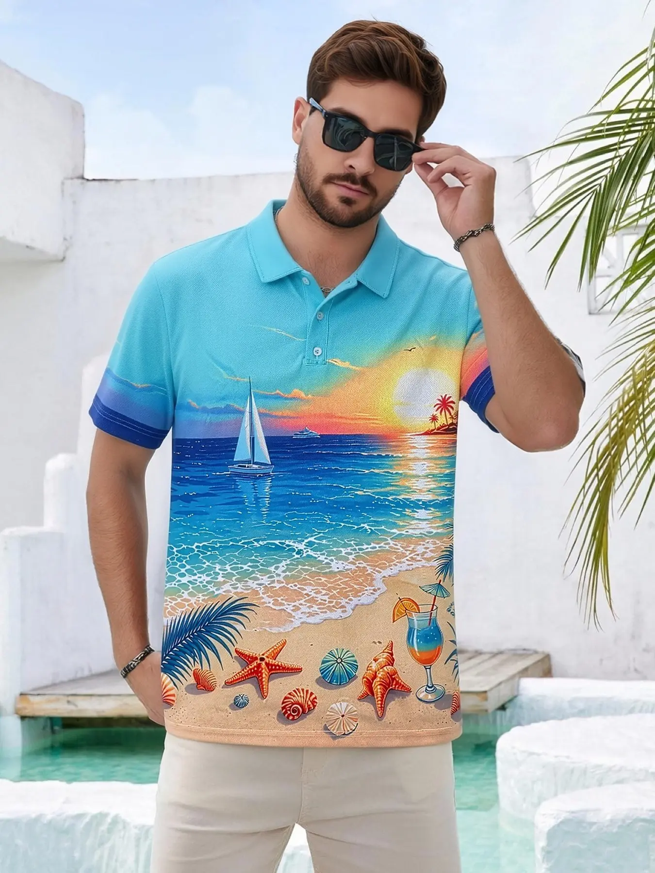 Men's Ocean Hawaiian Tropical Polo Shirt, Short Sleeve Button Down Casual Sporty Style, 3D Print Design, Perfect for Summer Wear