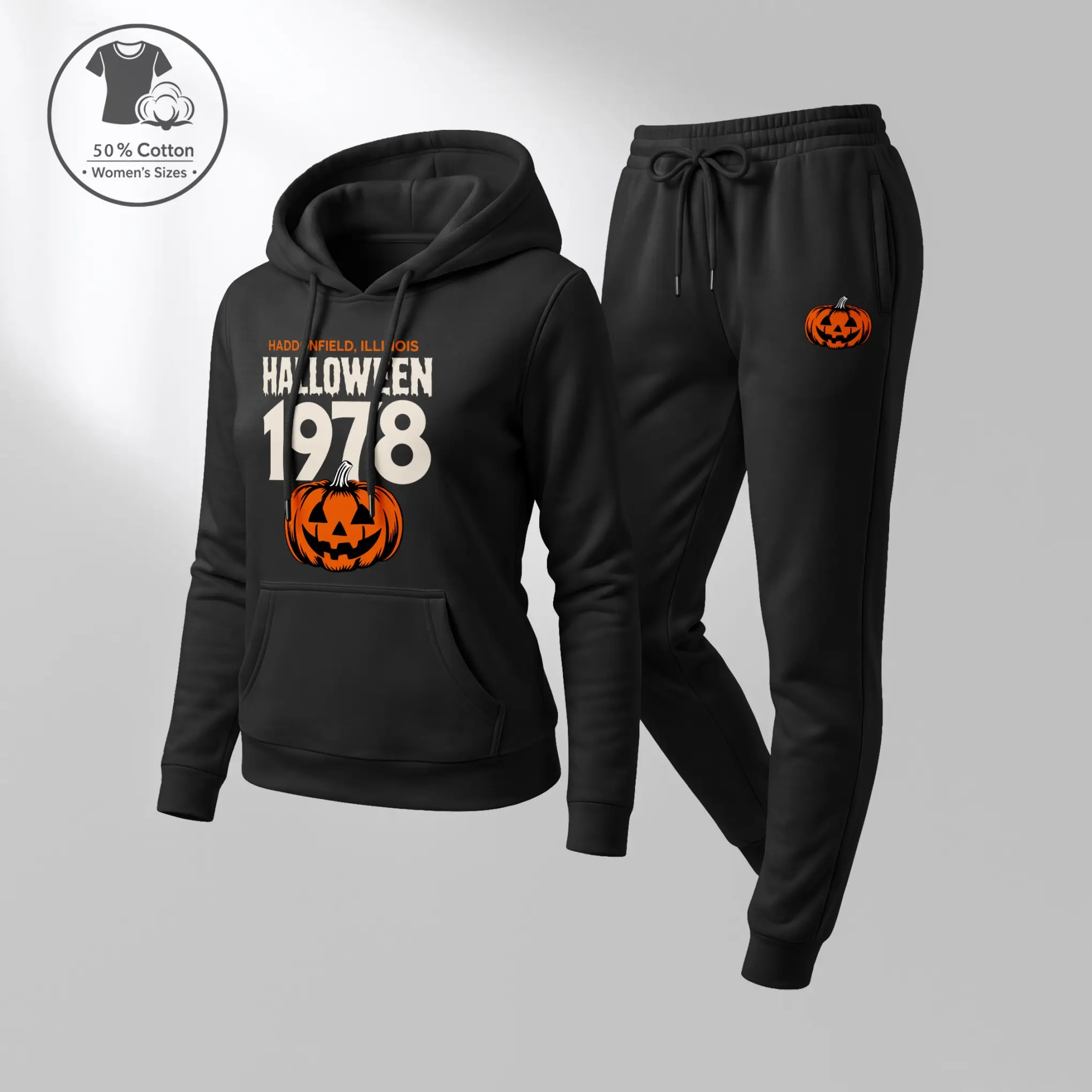 Women's Vintage Halloween Pumpkin Graphic Hoodie & Jogger Pants 2-Piece Set, Retro Long Sleeve Pullover Sweatshirt with Drawstring Sweatpants, Cozy Casual Fall Outfit for Party, Lounge, Travel & Daily Wear