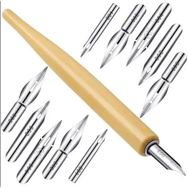 11-Pieces Comic Pen Nib Set - Stainless Steel G Ink Pen Nibs with Wooden Holder for Writing, Painting, Signing (White), Anti-Rust Coat
