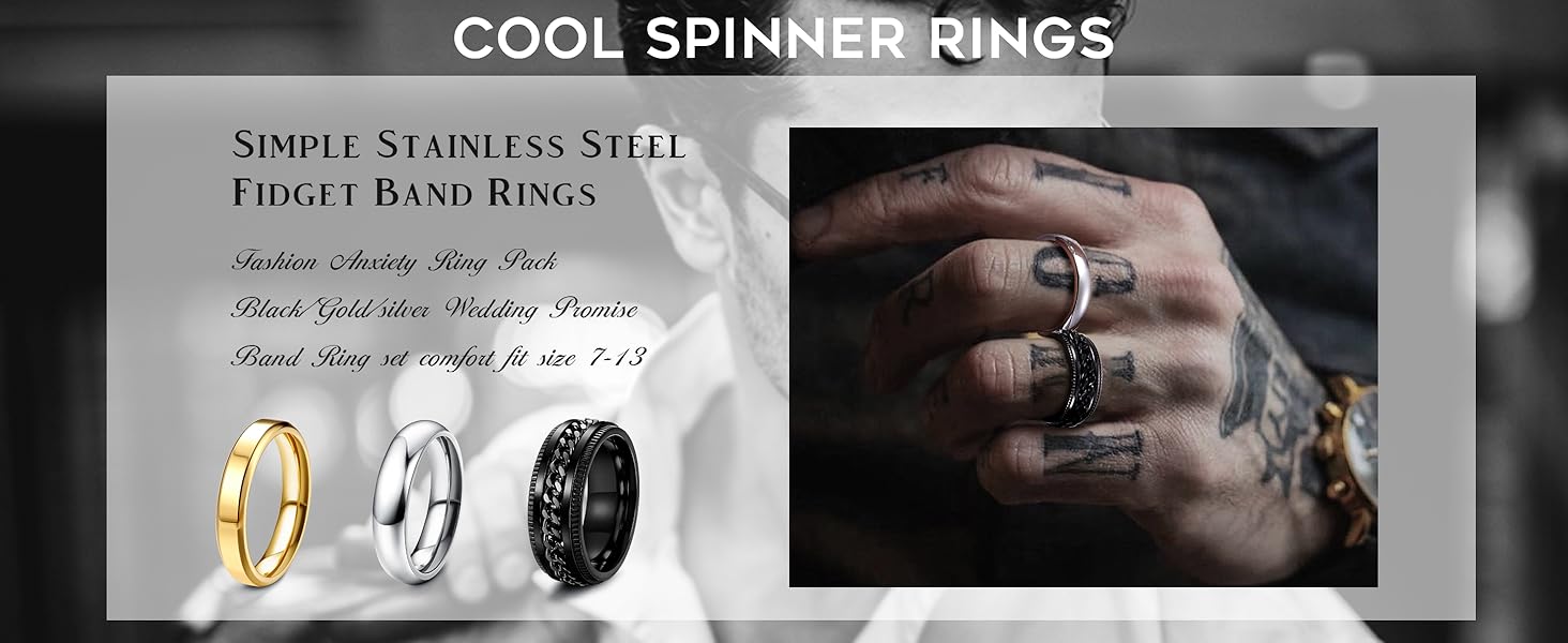 Besteel 16Pcs Stainless Steel Fidget Rings for Men Women&Boys Girls Stress Anxiety Relief Rings Black Cool Chain Band Spinner Rings Set for Wedding Promise Mens Rings Pack