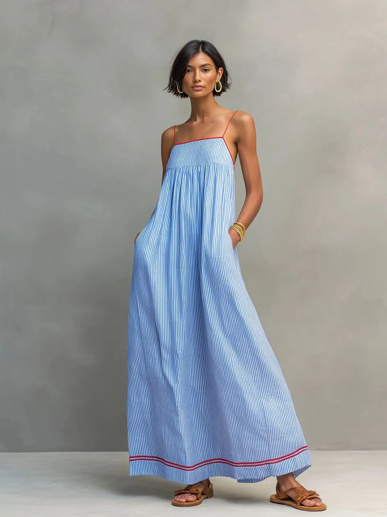 2026 Summer Fashion Casual Striped Strapless Sleeveless Long Dress for Women, Perfect for Vacation Travel Commute, European and American Style