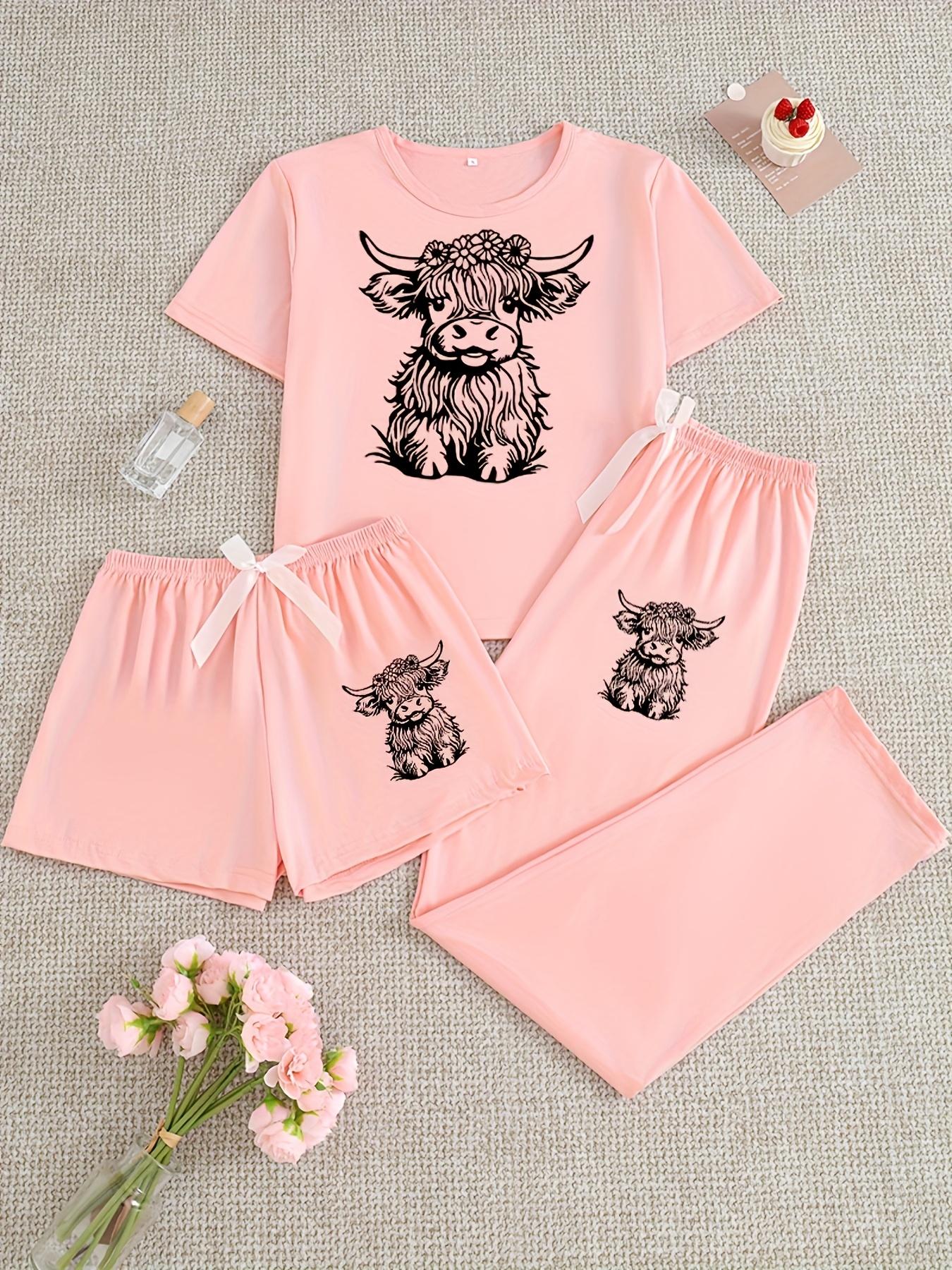 Women's Cow Print Round Neck Short Sleeve Tee & Shorts & Pants Pyjama Set, Pajamas, Casual Comfy Ladies Sleepwear for All Seasons