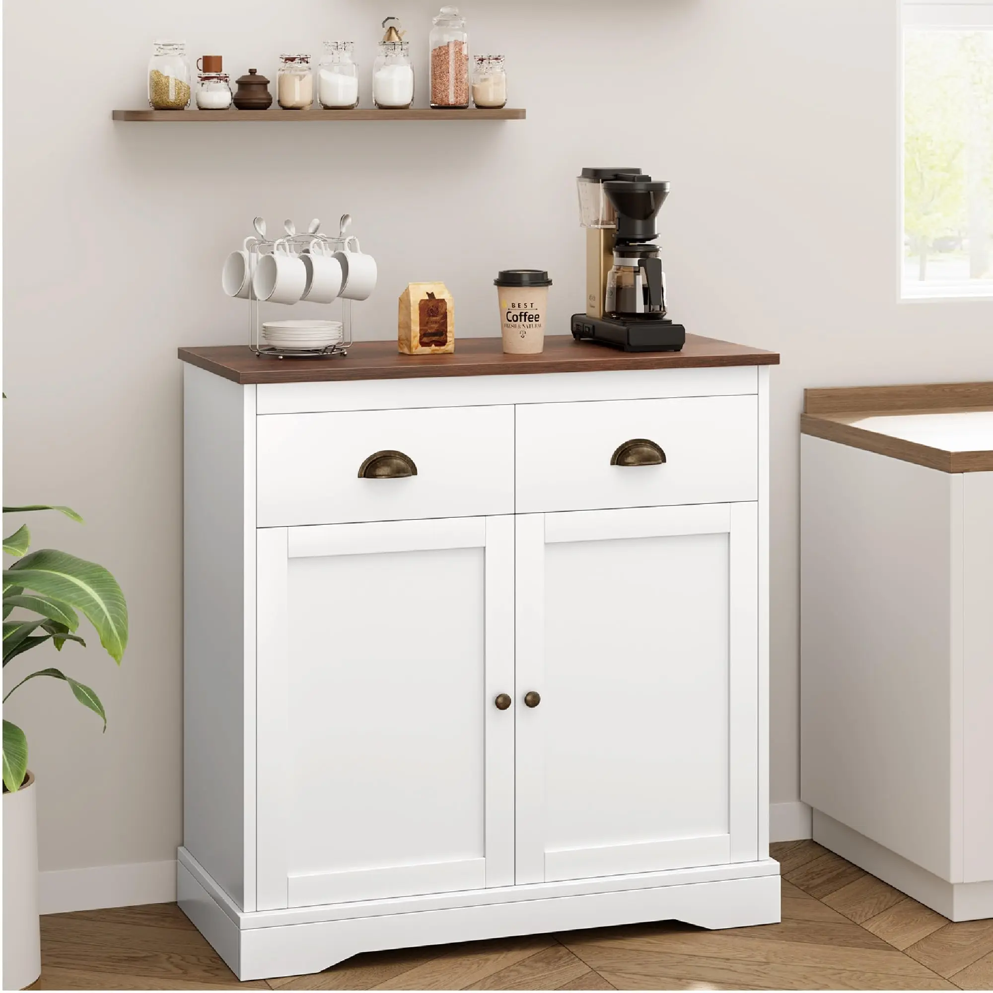 Christmas DealGARVEE Coffee Bar Cabinet, Modern Farmhouse Buffet Cabinet with 2 Drawers and Adjustable Shelf, Double Door Kitchen Cabinet, White