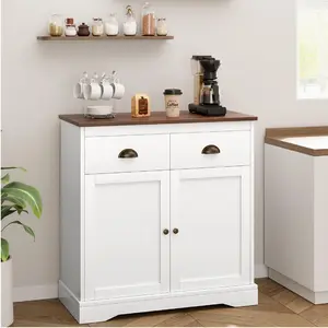 Christmas DealGARVEE Coffee Bar Cabinet, Modern Farmhouse Buffet Cabinet with 2 Drawers and Adjustable Shelf, Double Door Kitchen Cabinet, White