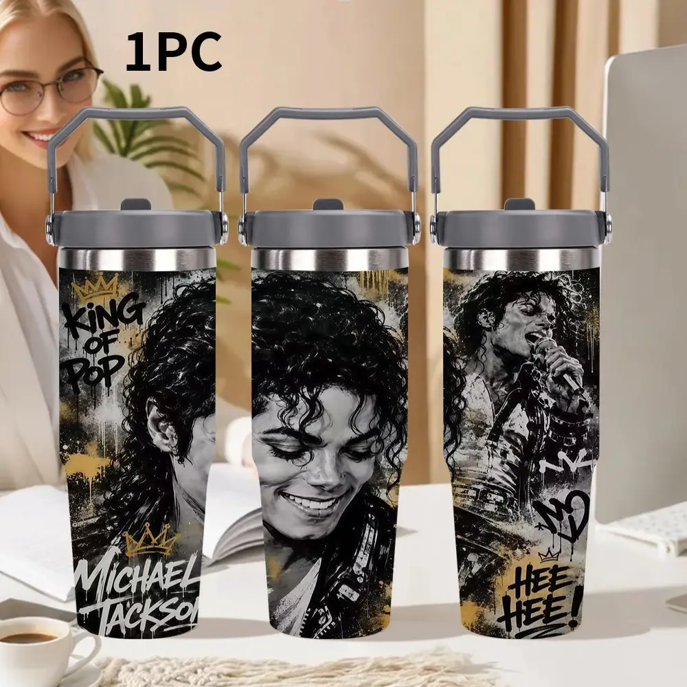 1pc 30oz/20oz Michael Jackson Print Stainless Steel Insulated Tumbler - Portable Leak-Proof Travel Mug, Ideal for Sports, Gym, Christmas & New Year Festivities