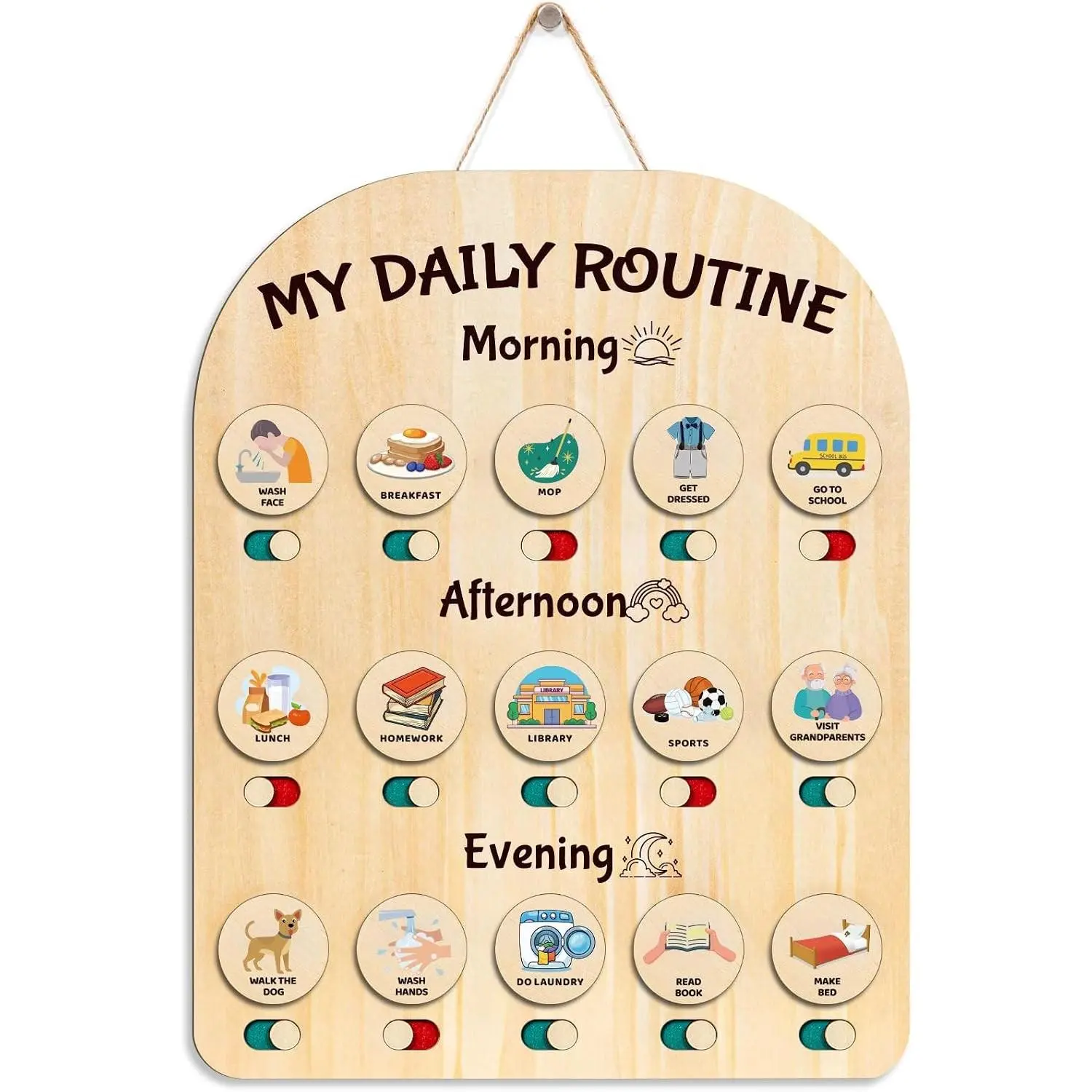 Wooden Chore Chart for Kids, Daily Visual Routine Schedule Educational Gift | 80 Task Cards & Sliding Buttons | Morning & Bedtime Responsibility Board for Toddlers Ages 3-5 | Montessori Educational Gift