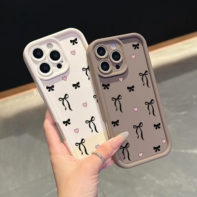 Gentle Korean Style Bow Love Heart Phone Case Matte Skin-friendly Soft Silicone Anti-collision Protective Shell Classic Black Bow Pink Small Heart Print Elegant Sweet Girly Fashion Phone Cover for Women Outdoor Travel Daily Use