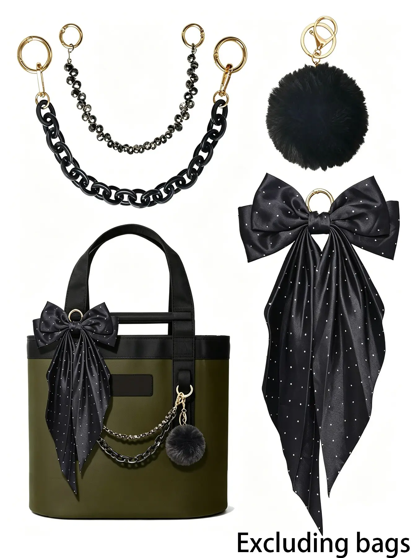 4-Piece Rhinestone Bow Bag Charm Set, Crystal Bead Chain, Acrylic Rope, Faux Fur Ball, Polka Dot Satin Ribbon, Totem Bag Accessory, Sparkly Bag Charm, Bedazzled Bag Charm, Bag Decoration