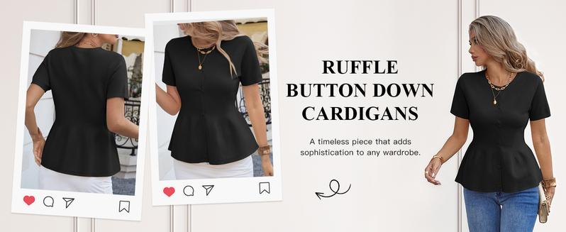 Saodimallsu Womens Short Sleeve Cardigans Ruffle Button Down Crew Neck Peplum Babydoll Knit Sweater Tops