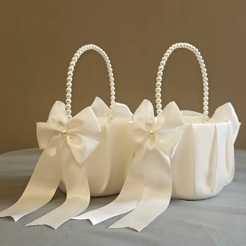 2pc Modern White Pearl-Handled Flower Basket with Satin Ribbon Bows - Foldable Wedding & Valentine' Day Decor, Versatile Event Party Accessory, Decorative Floral Container, Bouquet Accessories for Halloween & Christmas, Perfect for Halloween &