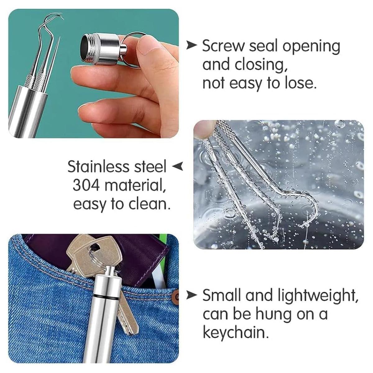 7PCS Stainless Steel Toothpick Pocket Set, Dental Floss Pick, Reusable Teeth Cleaning Tools Kit with Portable Holder, Keychain Design for Outdoor Picnic, Camping, Travel Essentials