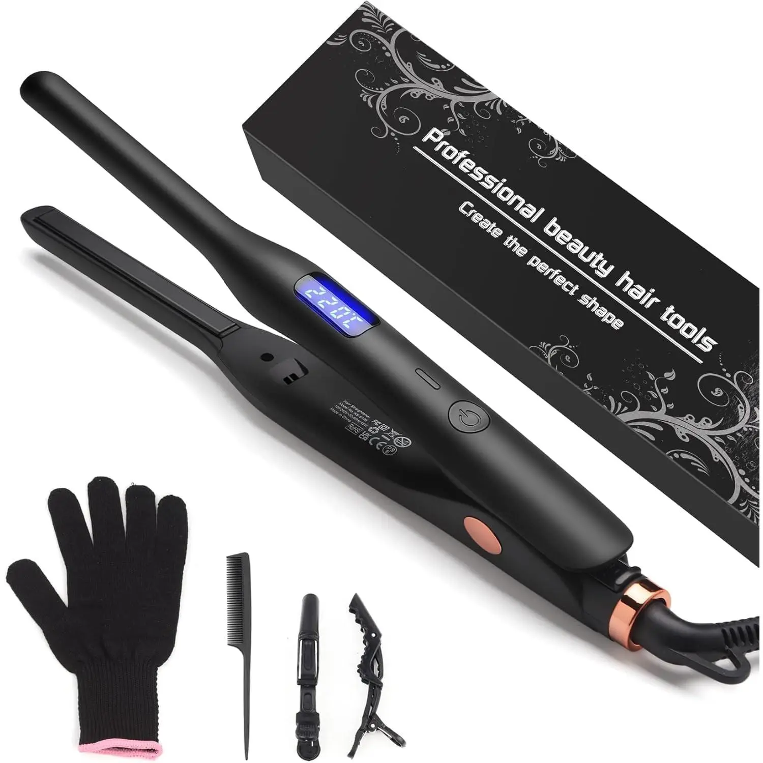 3/10" Pencil Flat Iron with 13 Temp Setting Ceramic Small Hair Straightener Small Flat Irons for Short Hair, Beard and Pixie Cut, Mini Hair Straightener Include Glove