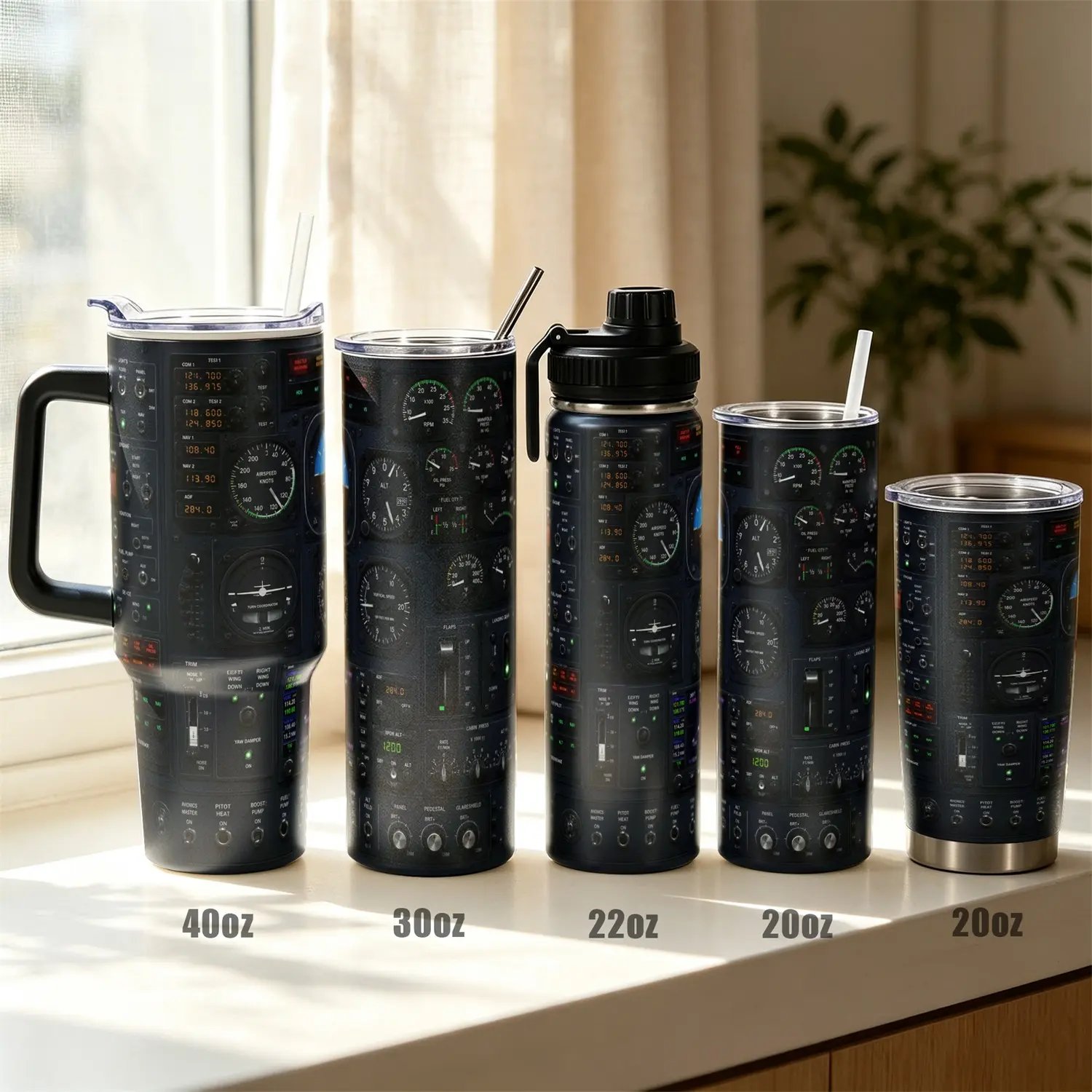 1pc 40oz/30oz/22oz/20oz Personalized Stainless Steel Tumbler, UV Print Aircraft Cockpit Design Vacuum Insulated Coffee Cup with Leak Proof Lid, Double Wall Sweat Proof Narrow Base Cup, Ideal Gift for Aviation Enthusiasts, Bridesmaids, Friends & Fam