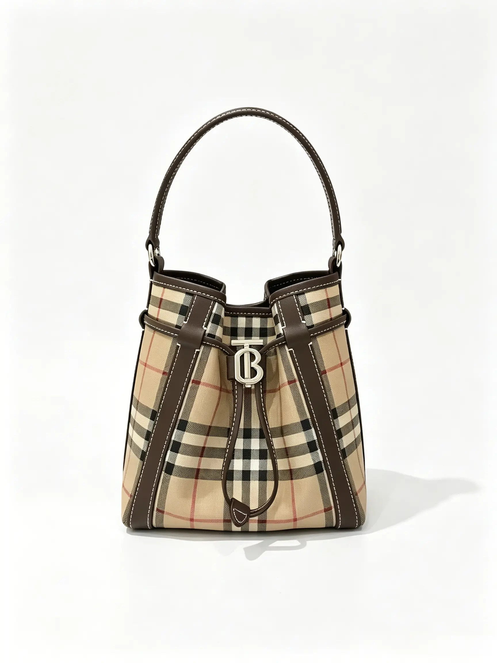 Vintage Plaid Drawstring Bucket Bag for Women, Luxury Handbag, Commuter Crossbody Mini Tote, French Chic Shoulder Bag, Metal Buckle Design