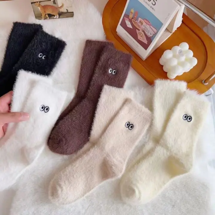 Women's White Socks, Warm Mink Fleece Sleeping & Home Socks for Autumn and Winter, Cartoon Mid-Calf Indoor Socks for Cold Weather Womenswear Bridal