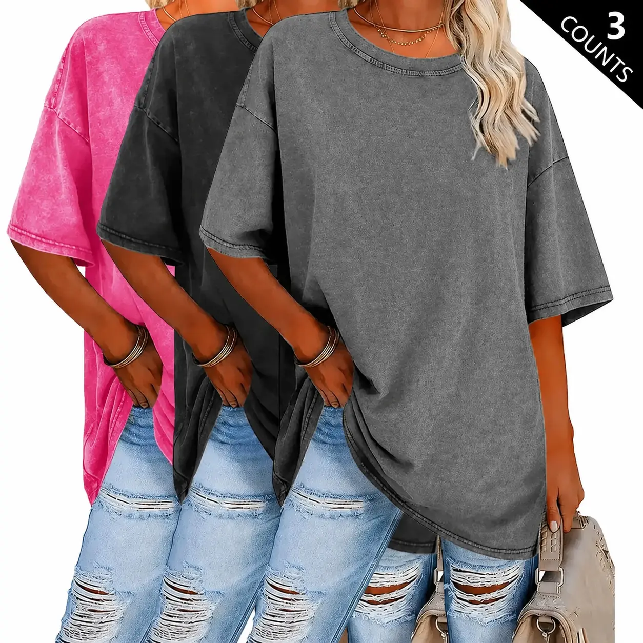 3-Pack 230g Vintage Washed 100% Cotton T-Shirts, Women’s Loose Fit Crew Neck Basic Summer Tops, Soft Breathable Casual Tees For Summer Vibes