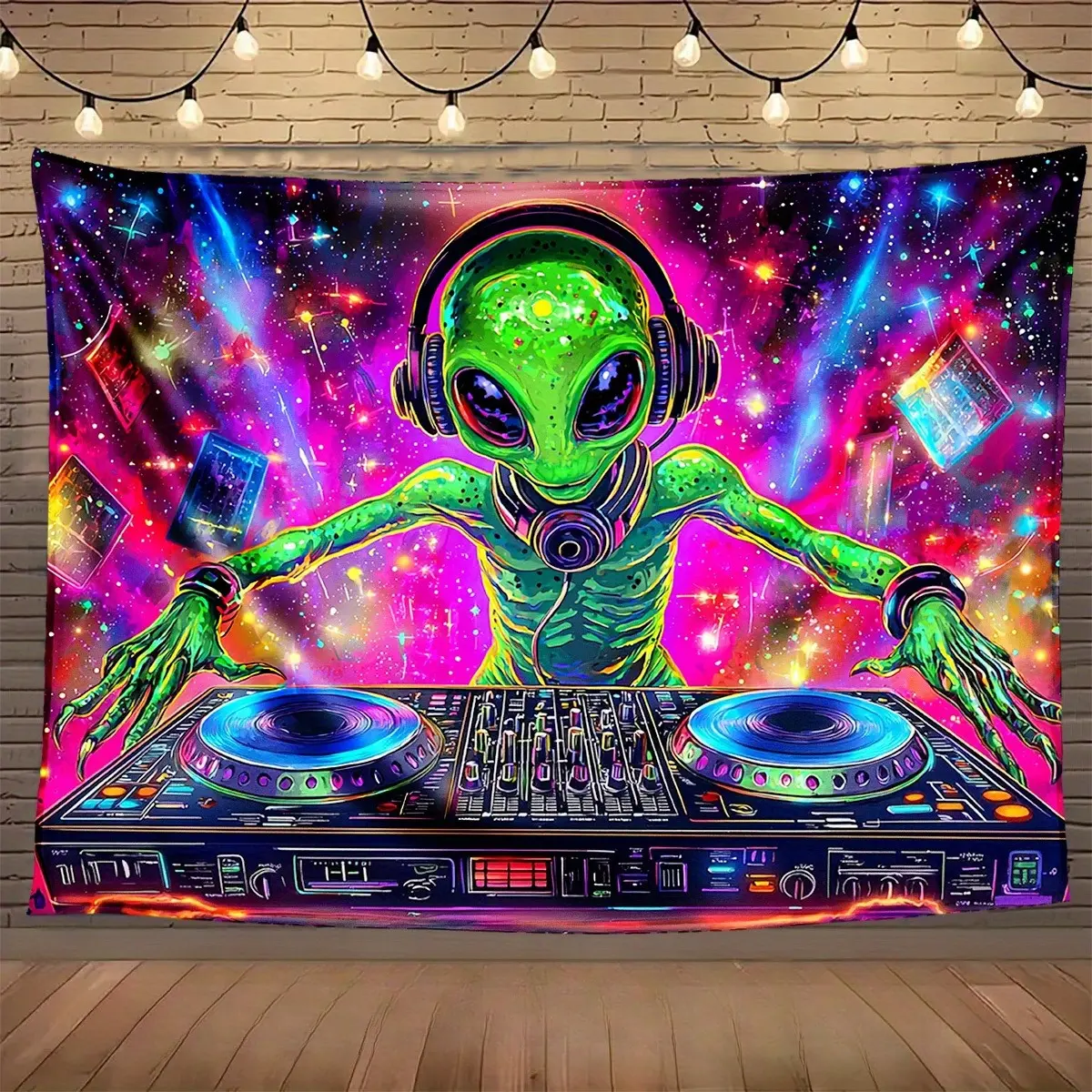 Alien DJ Cosmic Print Rectangular Polyester Fiber Tapestry, Lightweight Machine Washable Home Decor for Space Theme Music Festival, Wedding (Indoor-Outdoor Use)