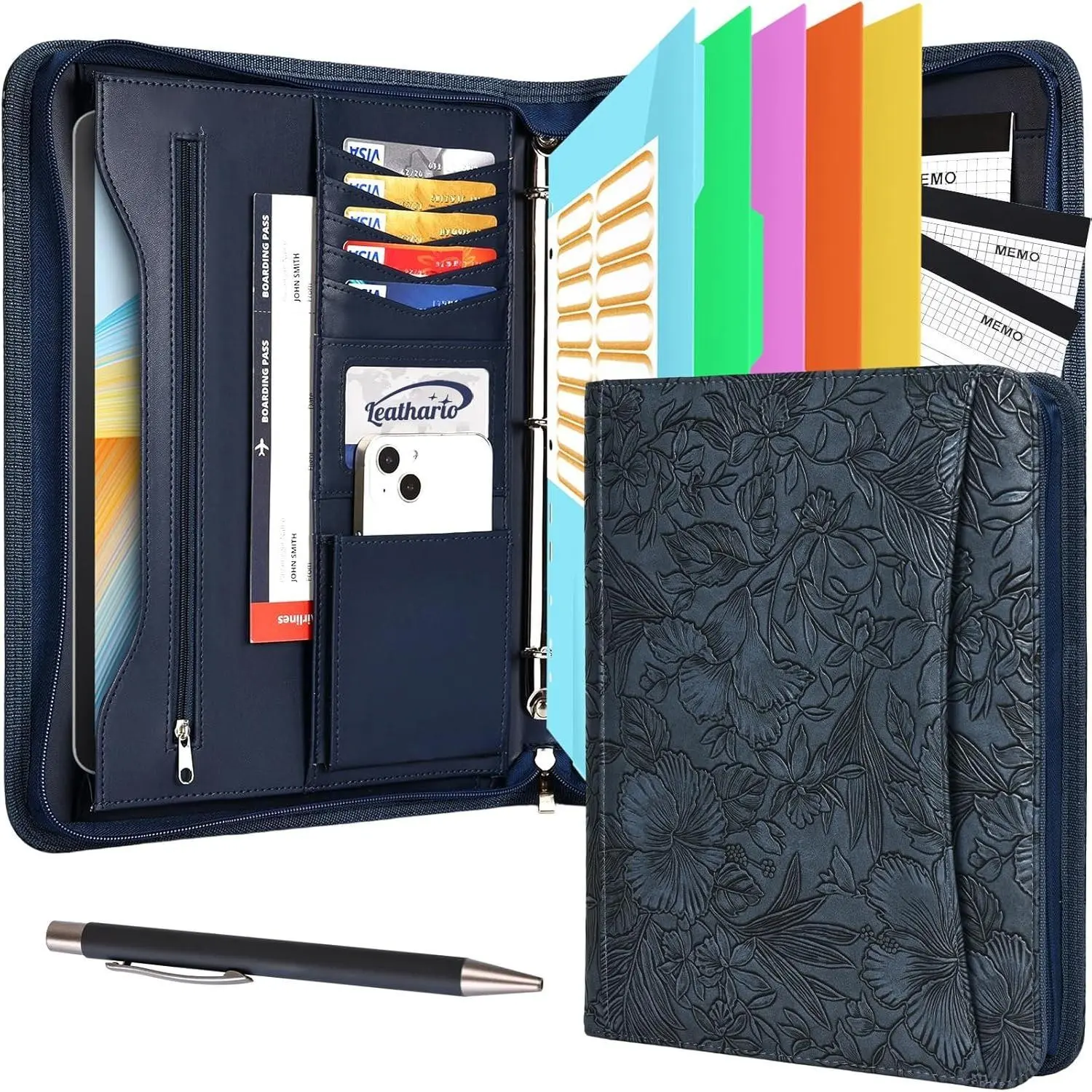 Portfolio Binder, Includes 5 Folder Index Dividers and 3 Notepads, 3-Ring Folder Organizer, Zipper Padfolio with Vegan Leather Tablet Sleeve, Clipboards for Business Office Conference