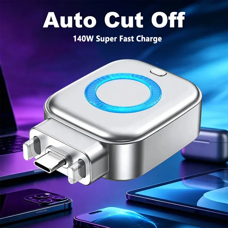 140W Power Universal Auto-Cut Off Type-C Adapter - Smart Charger with Physical Battery Guard, Overcharge Prevention, Self-Eject Plug, LED Indicator, Night Charging Tech, Easy Port Installation for Mobile Devices, Type-C Plug