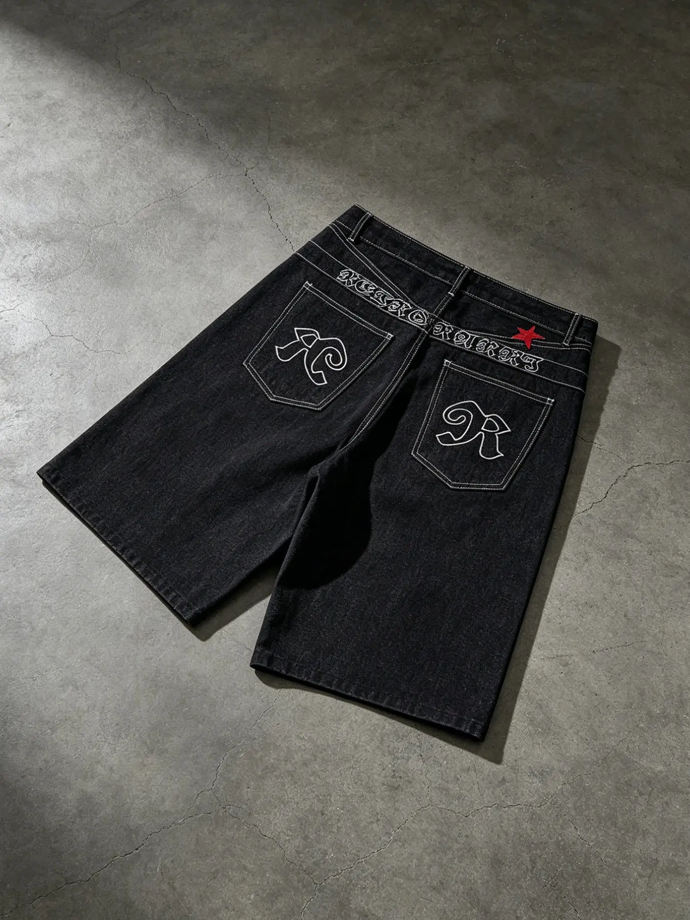 Original Wide-Leg Jeans Five-Quarter Men's Shorts, Gothic Letter Embroidery Pocket, Star Patch, High Street Jorts, Streetwear