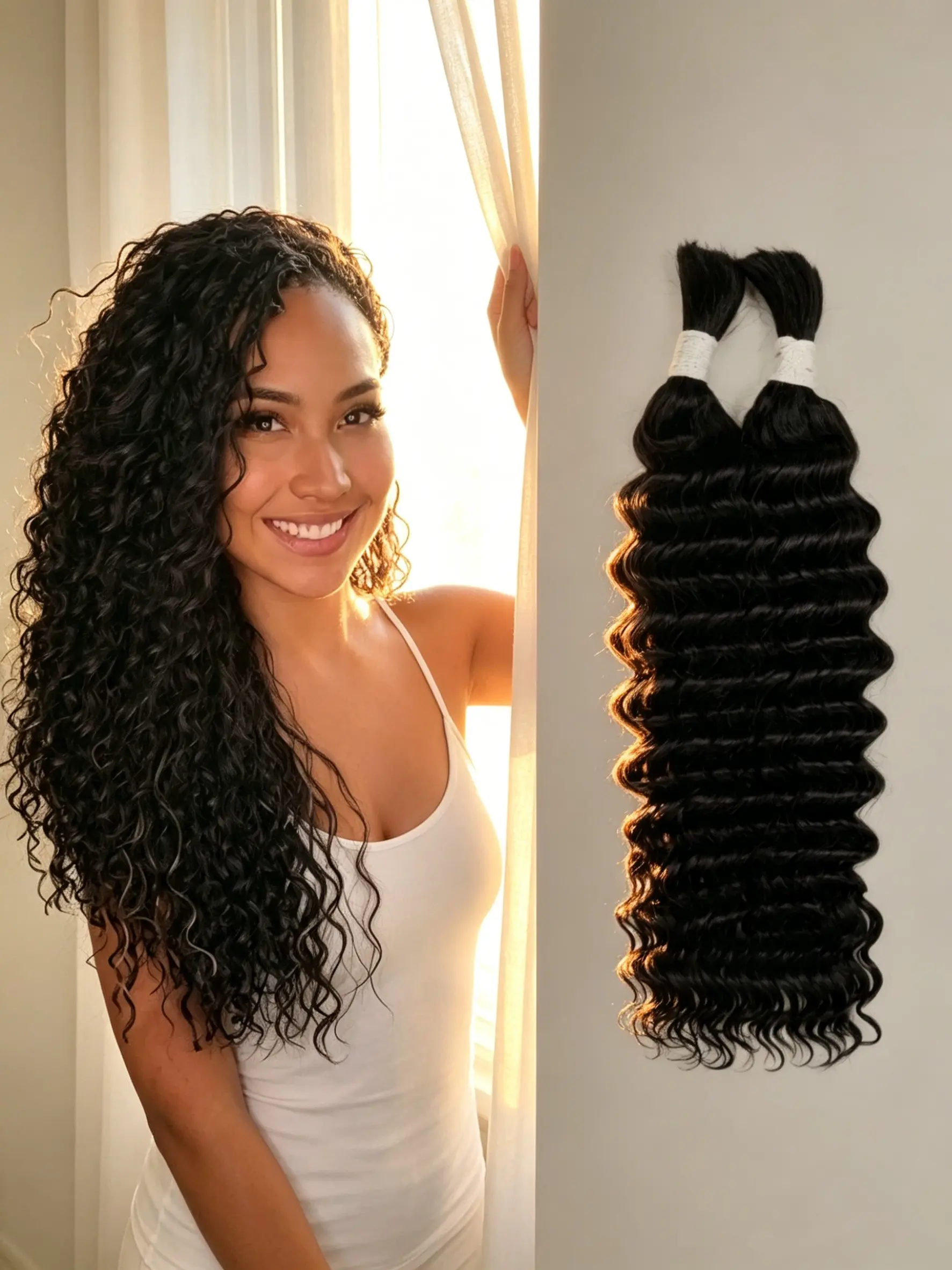 2 Bundles 1B Natural Black Bulk No Weft Brazilian Virgin Deep Wave Human Braiding Hair, Wet And Wavy Curly Human Hair Extensions, Premium Bulk Hair Perfect For Boho Braids & Micro Braiding Styles