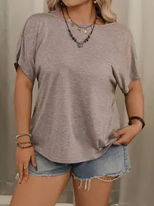 Women's Plus Size Lace Contrast Backless Batwing Sleeve Short Sleeve T-Shirt, Summer Y2K Street Punk Style, Casual Fashion Top