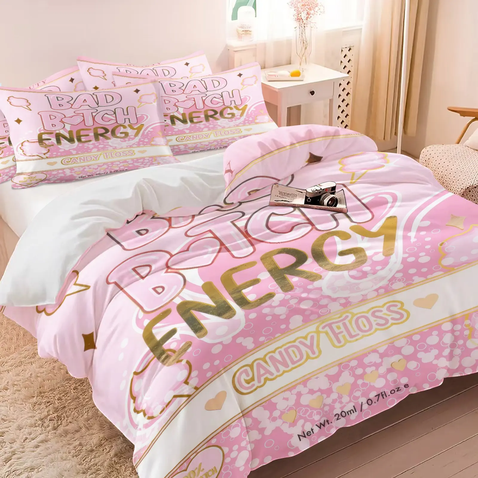 Bad Bitch Energy Pink Duvet Cover Set, Print Bedding Set, 1-2 Coreless Pillowcases, Marshmallow Hearts With Gold Foil Glitter Lettering, Soft Microfiber French Girly Bedding, Skin-Friendly Breathable For All Seasons, Y2K Sweet Style Bedroom Decor