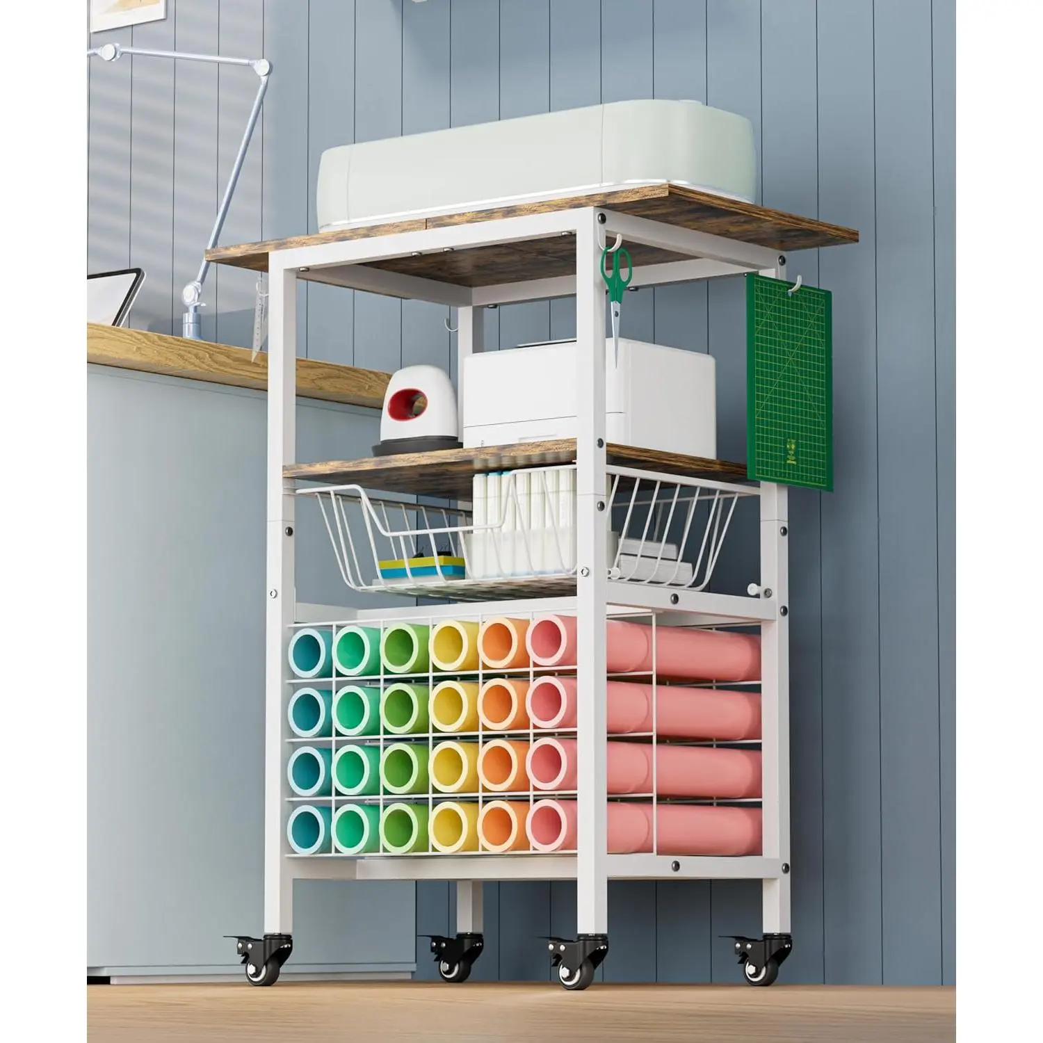 Craft Cart with Wheels for Cricut Machines, Craft Organization and Storage Stand with Basket,  Machine Stand for Cricut Accessories, Vinyl Roll Organizer, White