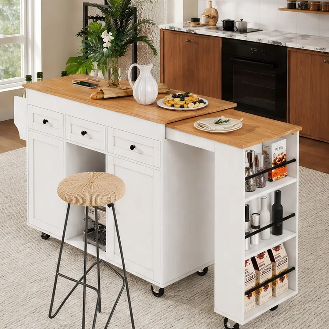 ARCH 85.5" Kitchen Island with Extendable Dining Table, Rolling Kitchen Cart with Power Outlet, 3 Drawers, 2 Doors, 3 Open Shelves, MDF White/Black Options, for Kitchen Dining Room Storage, Black/White Color Options, MDF Material, Classic/Farmhouse/L