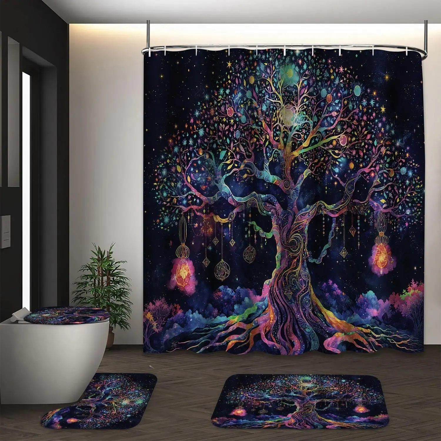 Boho Celestial 4-Piece Shower Curtain Set, Polyester Curtain with Non-Slip Flannel Rugs & Toilet Cover, Starry Night Tree of Life Print, Washable, Shower Curtains