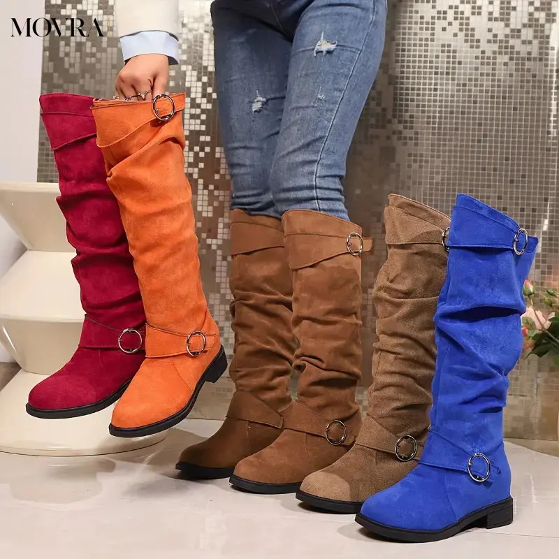 MOVRA1 Women's Solid Color Trendy Boots, Belt Pull On Chunky Heel Knee Boots, Winter Round Toe Slouchy Boots Platform Girl