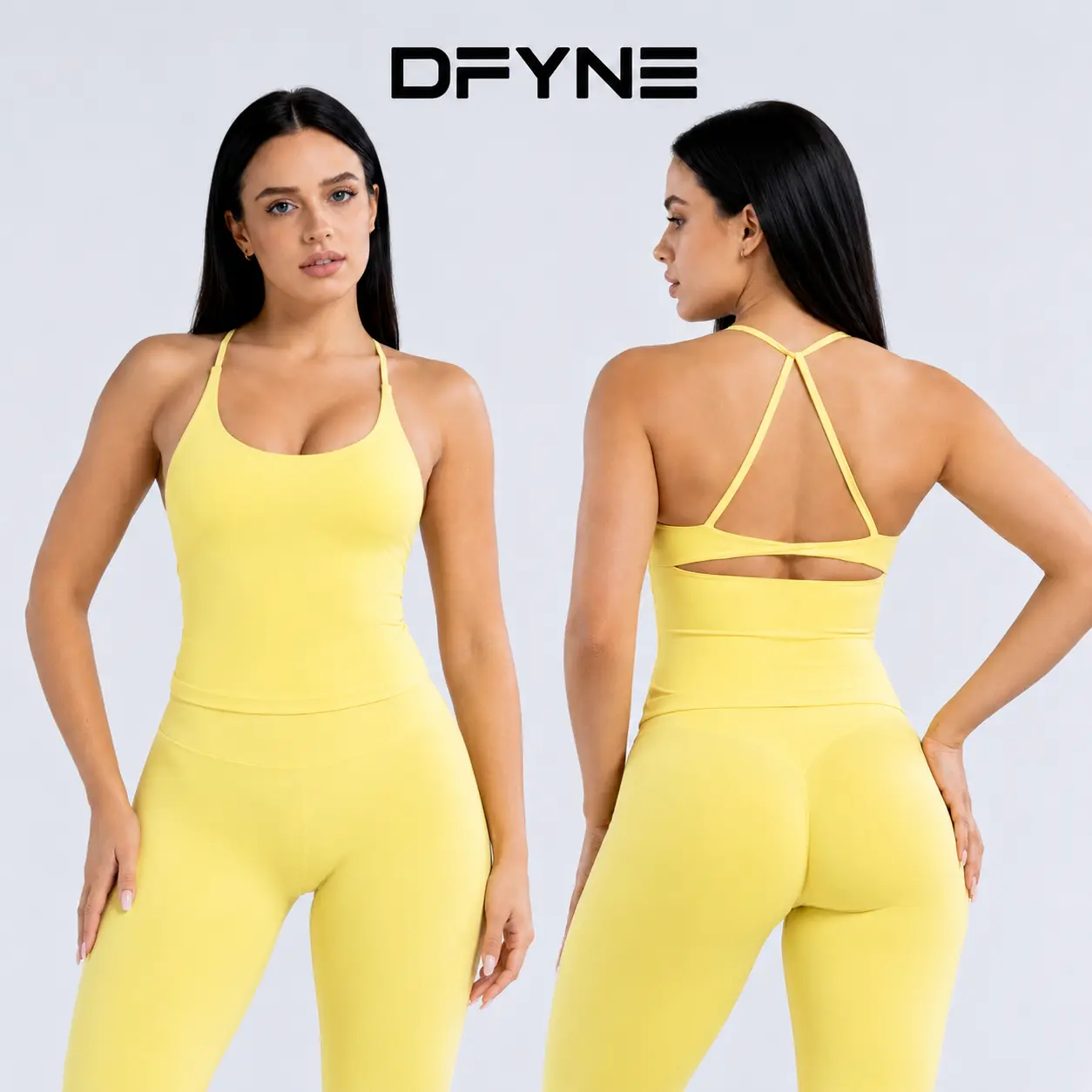 DFYNE Women's New Square Neck Twist Knot Back Yoga Tank Top - Nylon Blend, Hollow Back, Padded Support, High Stretch, Breathable, Soft Fitness Cami for Gym Training, Daily Wear