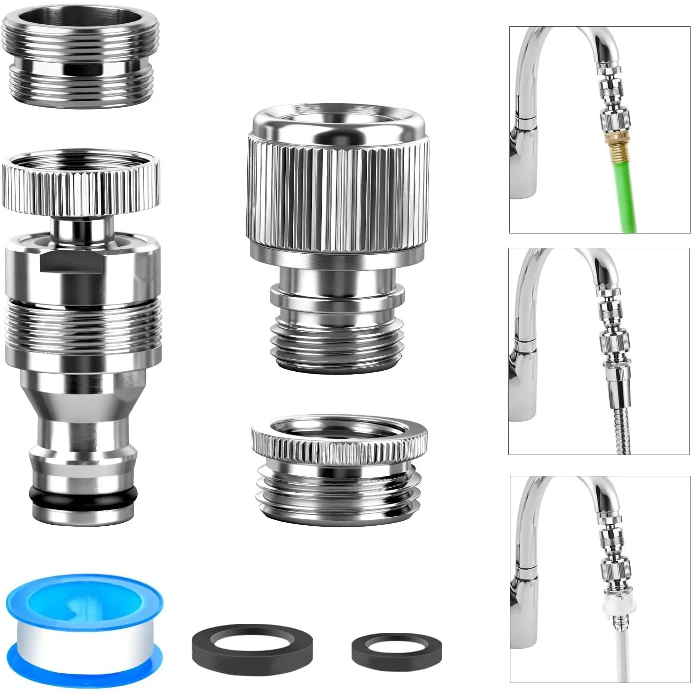 Quick Snap Kitchen Faucet Coupling Adapter with Blue Cap & Seals, Dishwasher Compatible, Connects Hoses for Plumbing Fittings & DIY Projects, Includes Caps