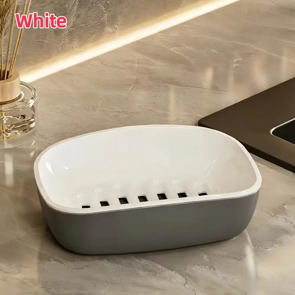 1pc plastic draining soap dish, countertop soap holder, gray and white combo, suitable for kitchen and bathroom, fits all kinds of soap bars