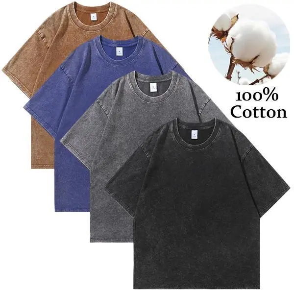 Men's Heavyweight Cotton T-Shirt, Vintage Acid Wash Baggy Fit, Casual Shortsleeve Streetwear Top for Gym Workouts, 1/4 Pack, Menswear, Round Neck, Fabric, Casual Fit, Chic, Basic, Digital Print